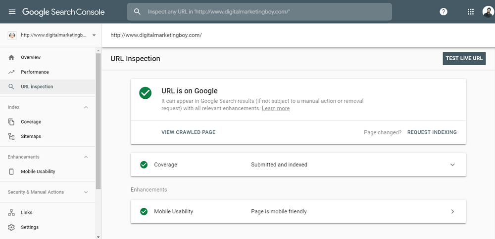 URL Inspection of Google Search Console